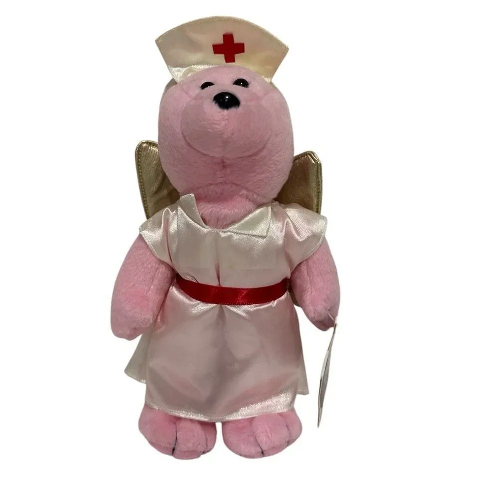 Pink Nurse Bear Plush with Gold Wings NWT